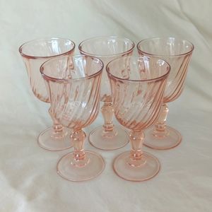 Arcoroc of France Rosaline Blush Pink Swirl Depression Glass Goblet Set of 5 GUC